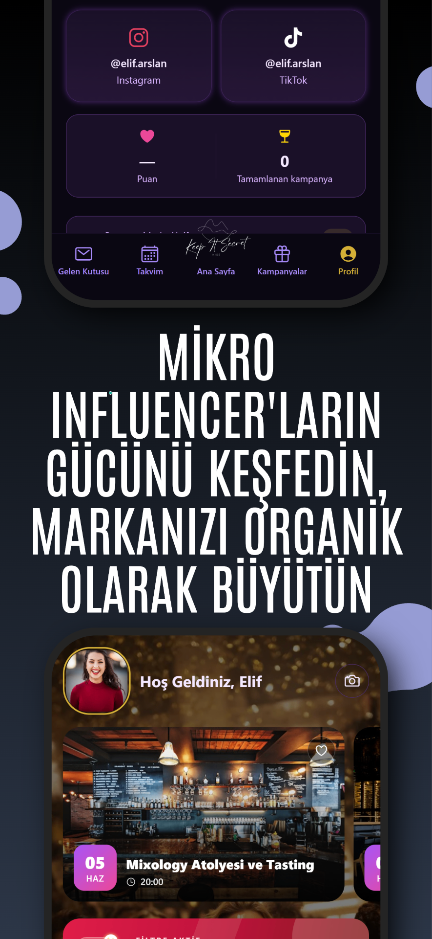 Keepitsecrets uygulaması Influencerlar ekranı
